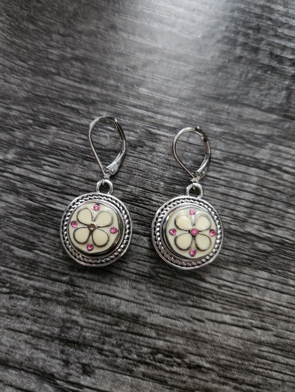 Ginger Snap Silver-Tone Floral Drop Earrings with Cream and Pink Enamel